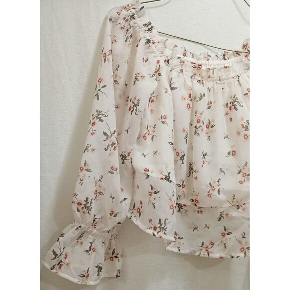 Guess White Pink Floral Sheer Long Sleeve Off Shoulder Crop Boho Size Small LNC - Picture 3 of 6